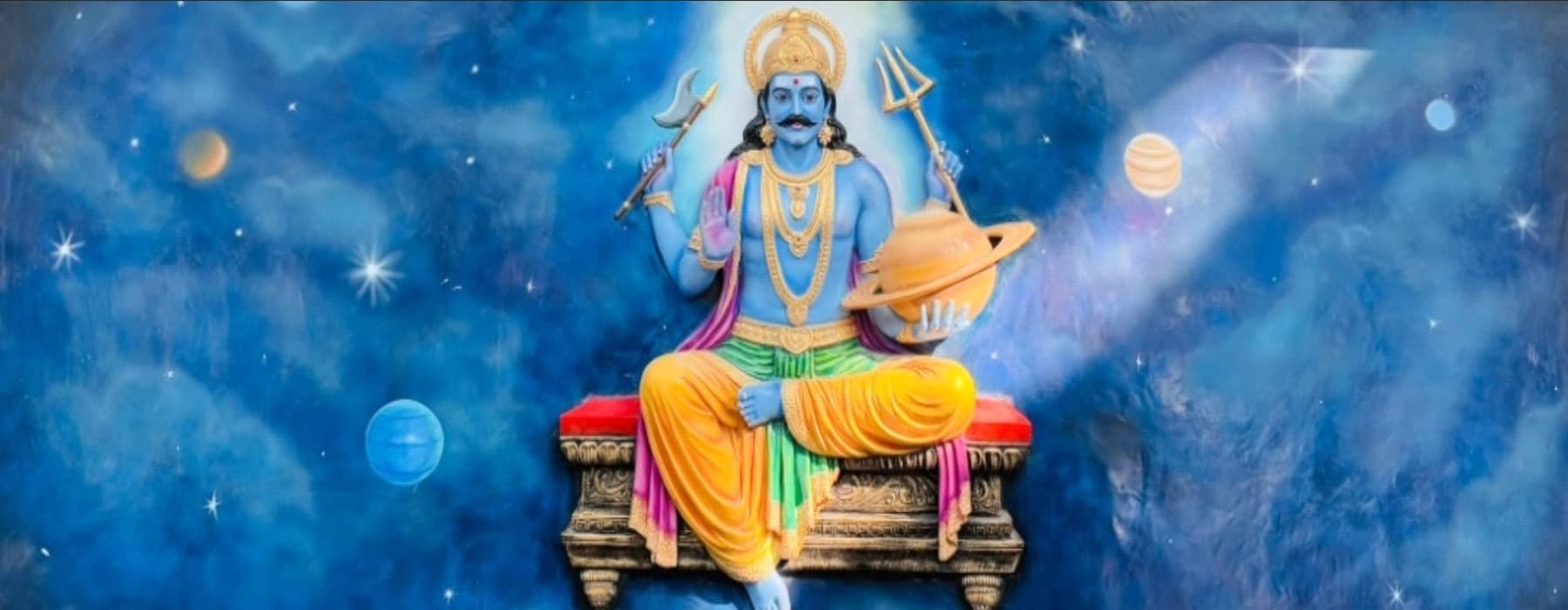 Divine form of Lord Shani Dev holding justice staff