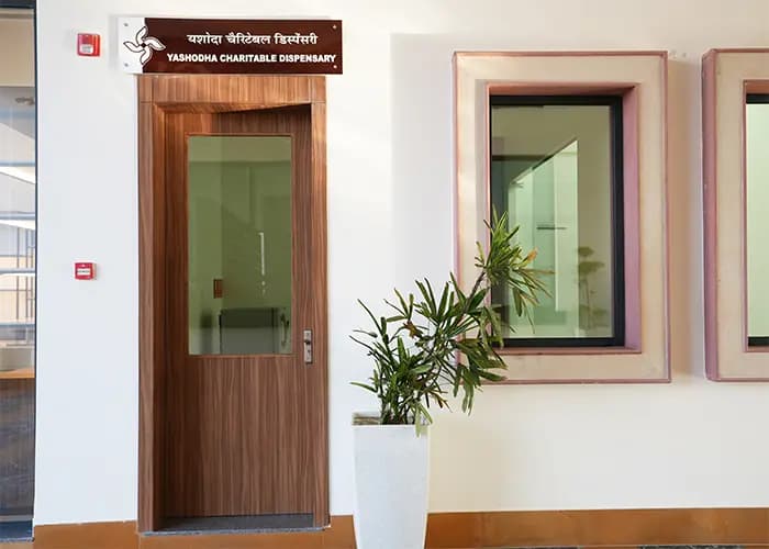 Yashoda charitable dispensary at Chaar Dham Temple Vrindavan offering free medical help.